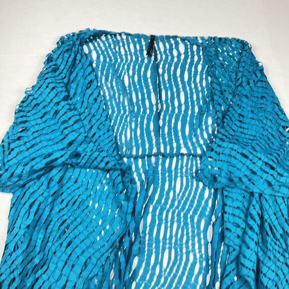 IC Connie K Open Front Top Blue Short Sleeve Laser Cut Jacket Boho Chic Flowy M - Picture 3 of 10